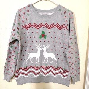 FREEZE Sweatshirt Elk Xmas Tree Pattern Sweater Long Sleeve Crew Neck Pullover L